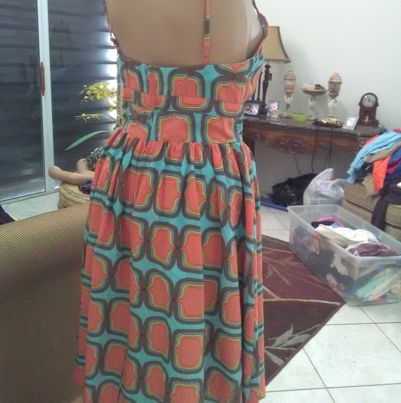 BNWOT UNIQUE BOUTIQUE DRESS BEAUTIFUL BLUE, ORANGE & BROWN GEOMETRIC A-LINE - Picture 8 of 8